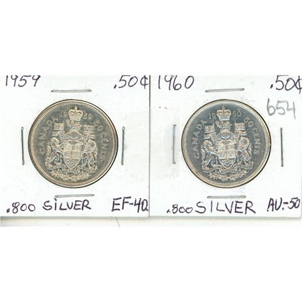 Canada 1959, 1960 Half Dollars E.F40, A.U.50 .800 Silver