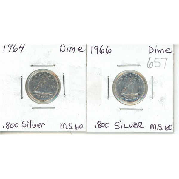 Canada 1964,1966 Dimes MS 60 .800 Silver
