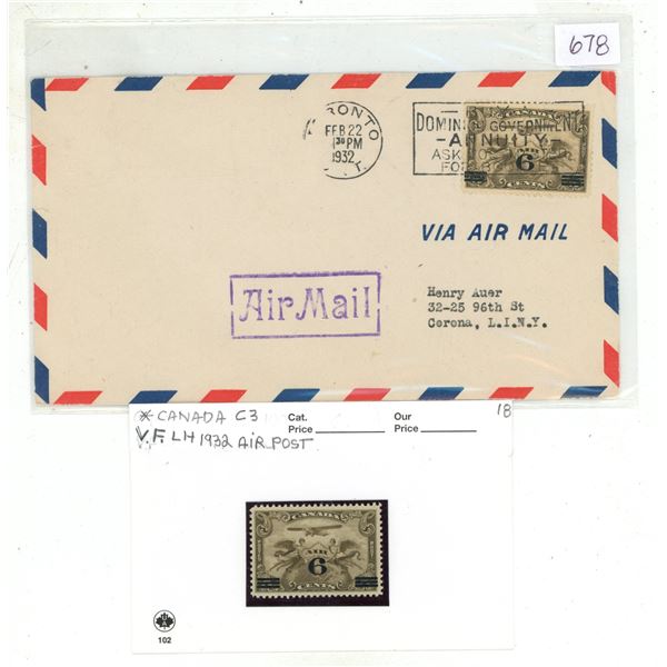 Canada C3 VF Mint and C3 Used on First Flight Cover YR 1932 Air Post