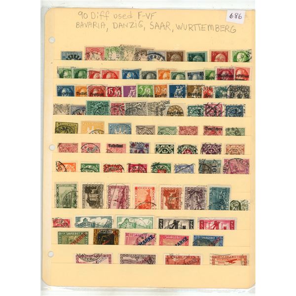Bavaria, Danzig Saar and Wurttemberg 90 Different Used V-VF
