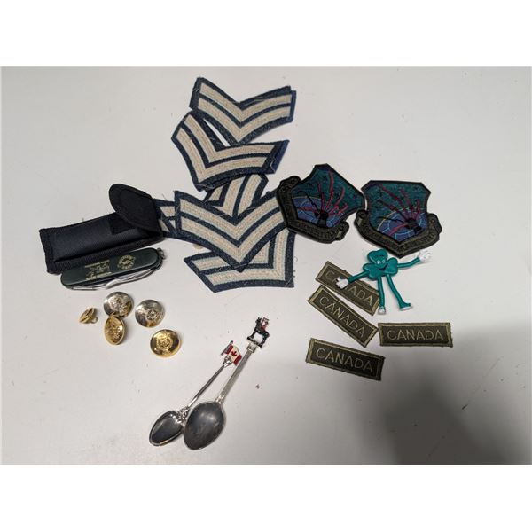 Lot of Canadian Forces Patches (RCMP) Swiss Knife, Commemorative Spoons, and etc.