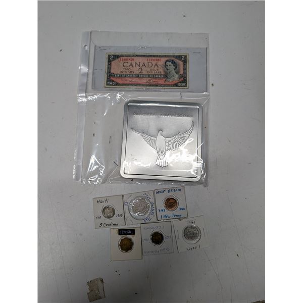 1954 Canadian 2 Dollar Bill, 2000 Millennium Stamp and Coin set, and misc. Foreign Coins