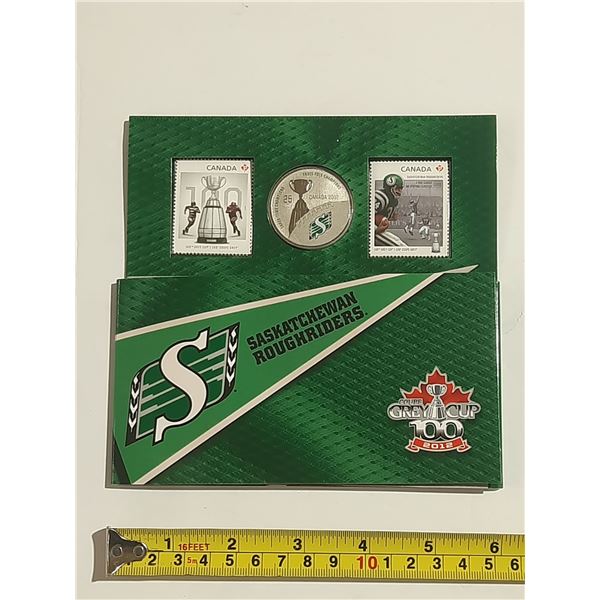 2012 Canada 25 Cent Saskatchewan Roughriders CFL Commemorative Coin and Stamp Set.