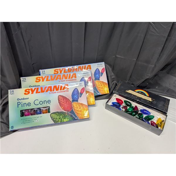 Lot of (3) Sylvania Multi Green Wire Pine Cone C9 Light Set, and extra