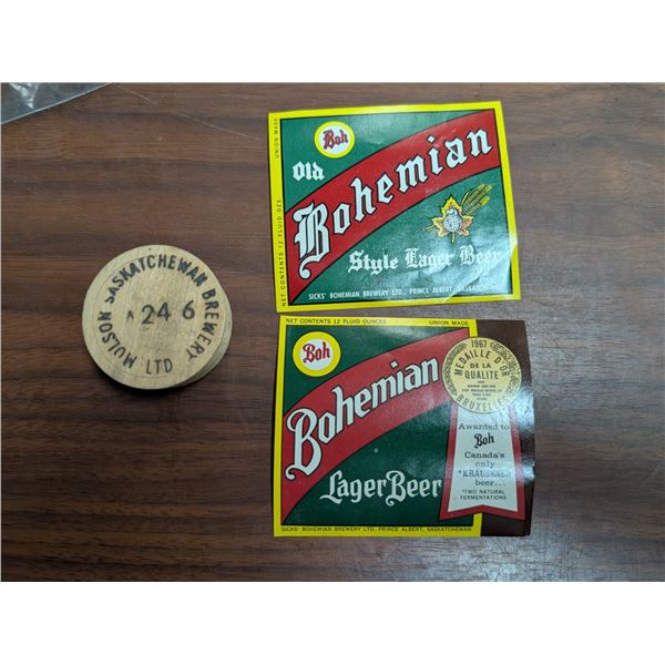 Bohemian Lager Beer Bottle and Saskatchewan Brewery Wood Cork like Item