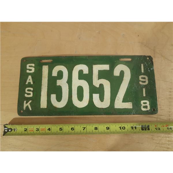 1918 Saskatchewan Licence Plate. (Re-Paint)