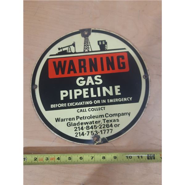 Warning Gas Pipeline Porcelain Metal Sign.
