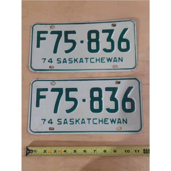 1974 Saskatchewan Licence Plate. (In Pair)