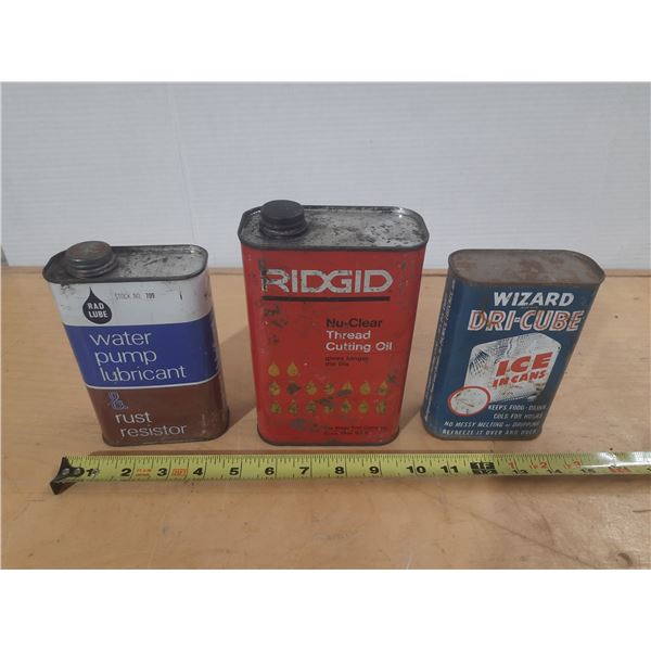 Wizard Dri-Cube. (Full), Water Pump Lubricant. (Empty Tin) and Ridgid Thread Cutting Oil. (Empty Tin