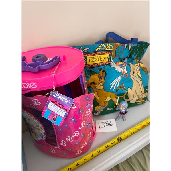 Vintage 1991 Barbie Rotating Clothes Closet, Lion King bag, and toy