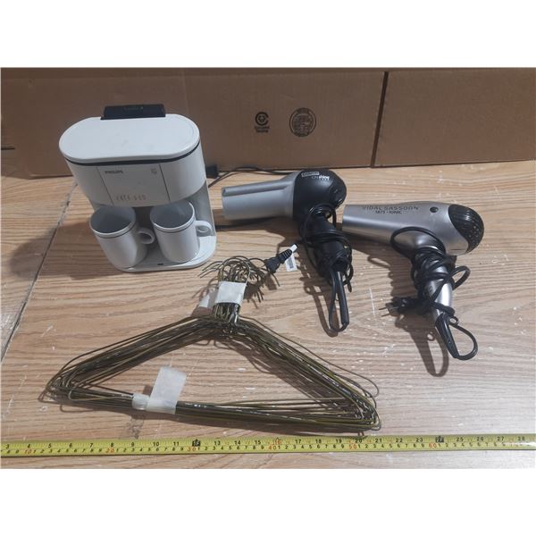 Coffee Machine (Working) -(But not cleaned from long time), (2) Blow Dryers (Untested), Hangers.