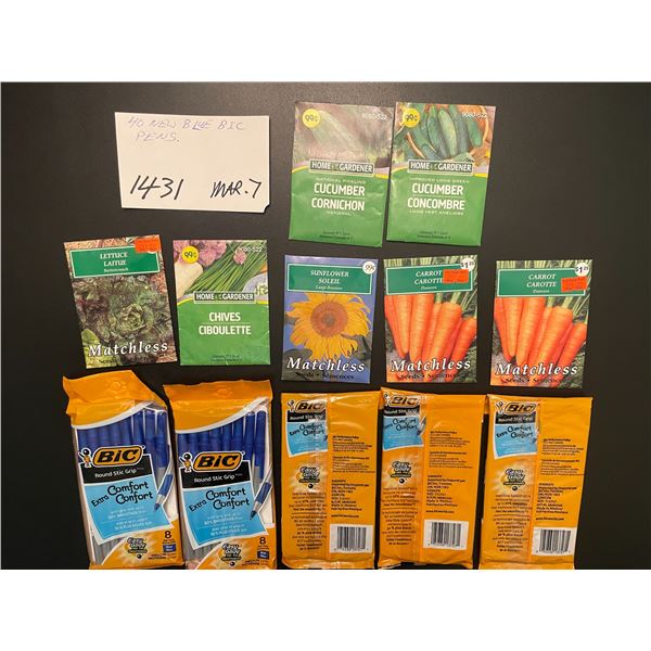 40 new blue Bic pens; garden seeds