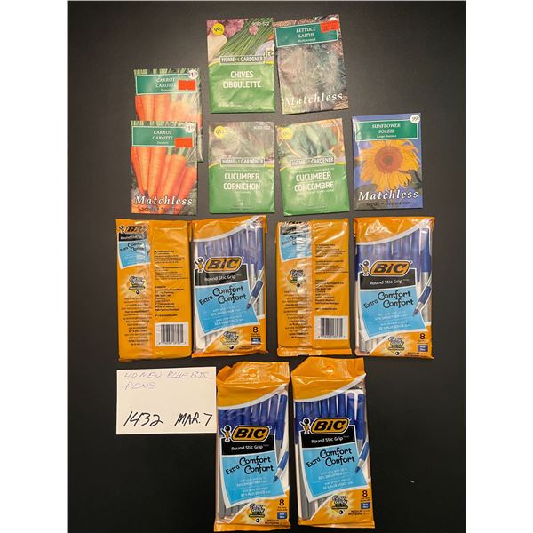 40 new blue Bic pens; garden seeds