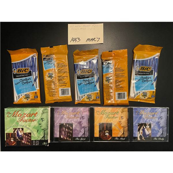 40 New blue Bic pens & Mozart CDs