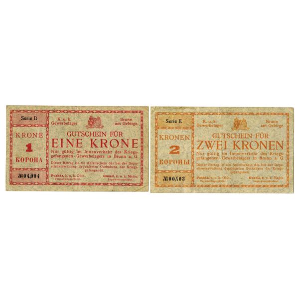 Austria. Brunn am Gebirge P.O.W. Notgeld Pair, ND (1914 to 1918).