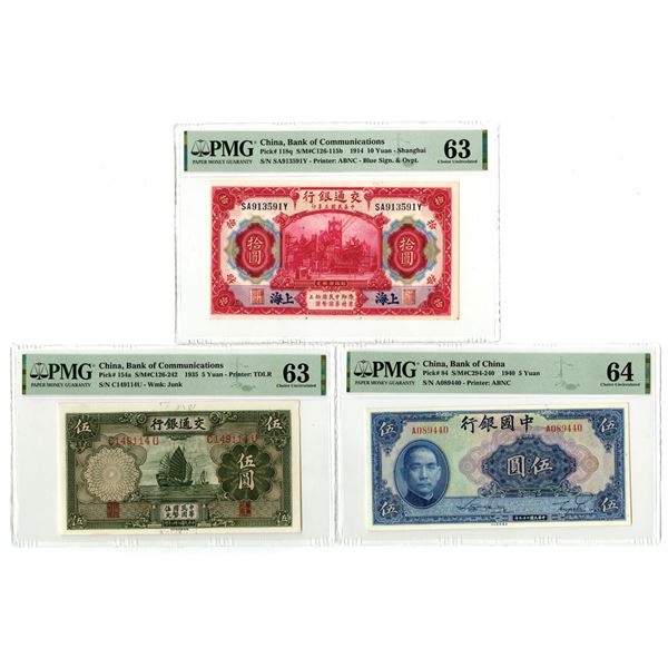 China. Bank of China & Bank of Communications, 1914 to 1940, Issued Banknote Trio.