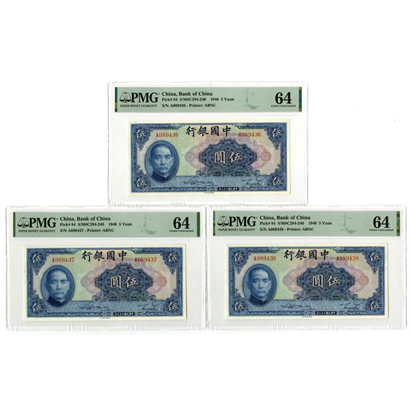 China. Bank of China, 1940, Issued Sequential Banknote Trio.