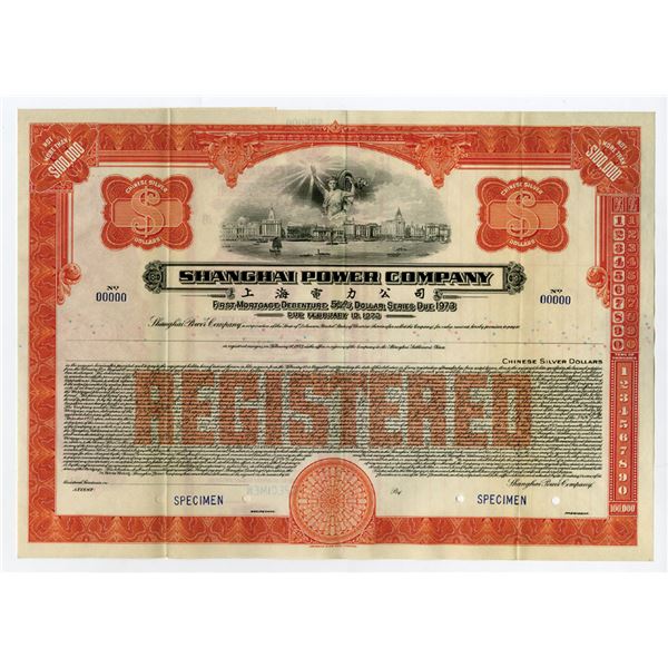 China. Shanghai Power Co., 1933, <$100,000 Chinese Silver Dollars Specimen Registered Bond