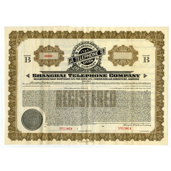 China. Shanghai Telephone Co. 1933 Specimen 6% Registered Silver Dollar Bond