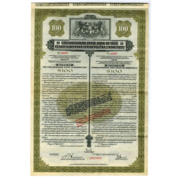Czechoslovak State Loan of 1922 (Bond Reissued in 1946 and then again in 1951), Specimen Gold Coupon