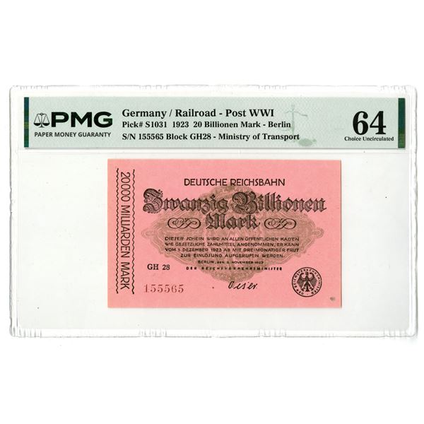 Germany. German Ministry of Transport, 1923, Issued Railroad Banknote.