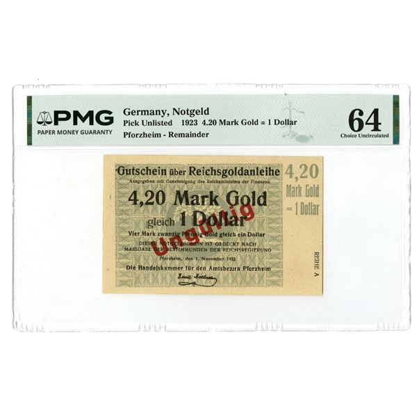 Germany. German Notgeld, Pforzheim, 1923, Remainder "4,20 Mark Gold = 1 Dollar" Banknote.