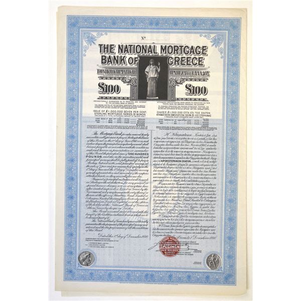 Greece. National Mortgage Bank of Greece 1930 Specimen Coupon Sterling Bond