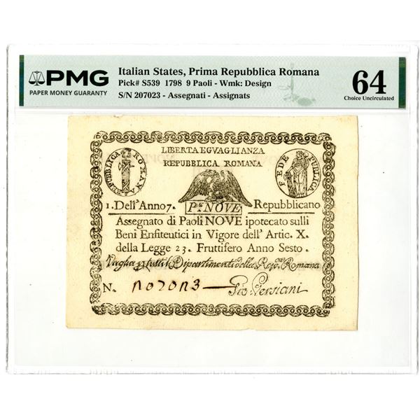 Italian States. Repubblica Romana, Assignats. 1798, Issued Banknote.