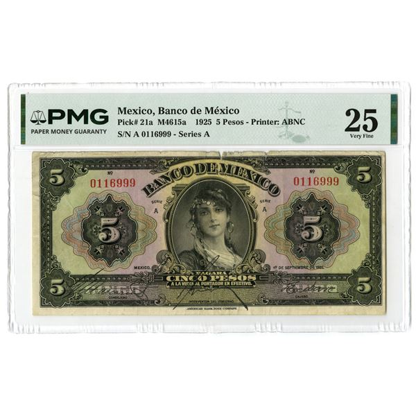 Mexico. Banco de Mexico, 1925, Issued 5 Pesos Banknote Rarity.