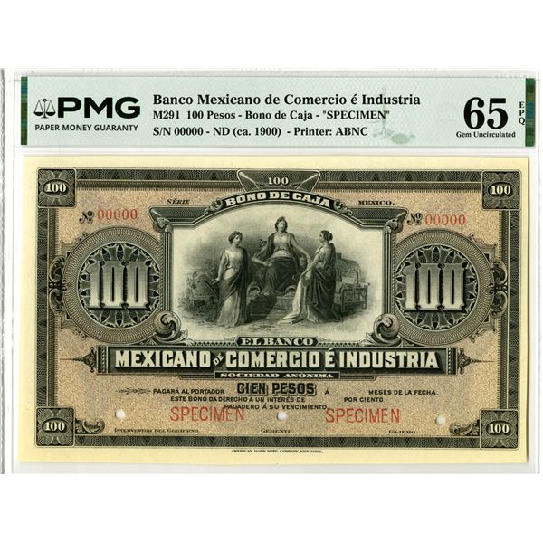 Mexico. Banco Mexicano de Comercio e Industria, ND (ca.1900), "Bono de Caja" Specimen Banknote.