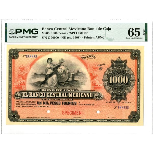 Mexico. Bono de Caja Banco Central Mexicano, ND (1908), "Bono de Caja" Specimen Banknote.