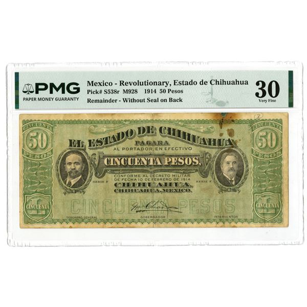 Mexico. Estado de Chihuahua, 1914, Remainder 50 Pesos Banknote Rarity.