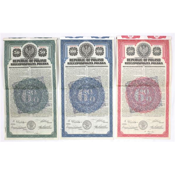 Poland. Republic of Poland, 1920, I/U, U.S. Dollar Gold Bond Trio with Extension Claus Printed on th