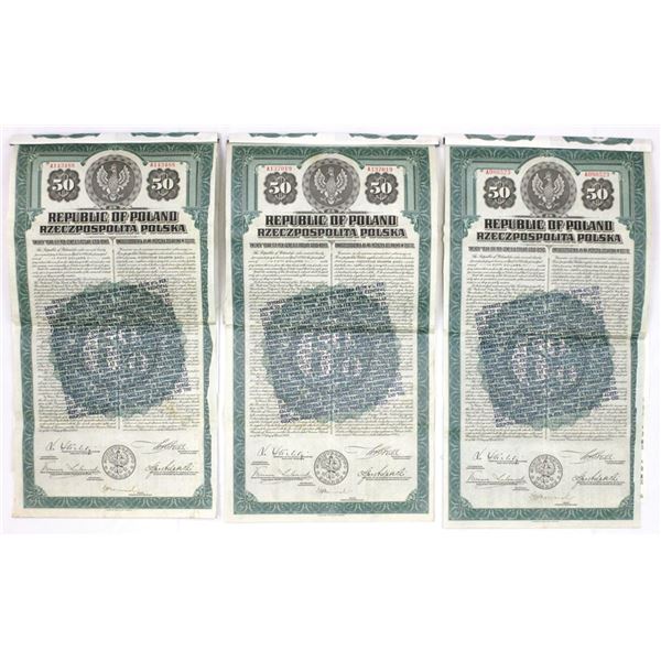 Poland. Republic of Poland, 1920, I/U U.S. Dollar Gold Coupon Bond Trio.