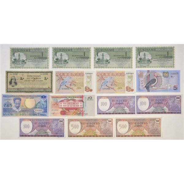Suriname. Various Issuers from Suriname, 1974 to 2000, Issued Banknote Assortment.
