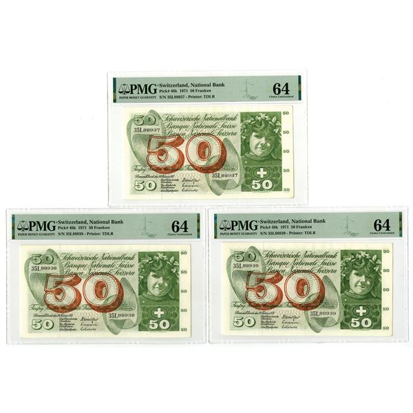 Switzerland, Banque Nationale Suisse, 1971, Sequential Issued Banknote Trio.