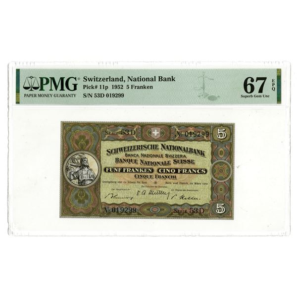 Switzerland. Swiss National Bank, 1952,High Grade Issued Banknote.
