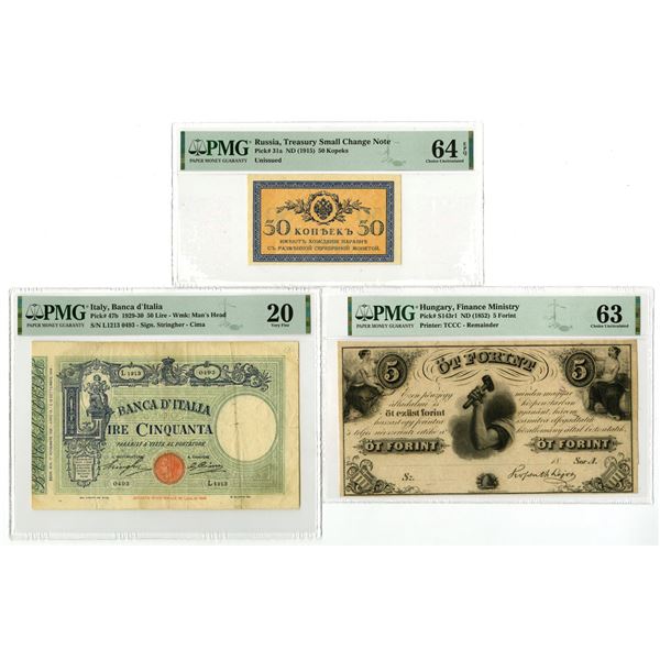 Russia, Italy & Hungary. Issued Banknote Trio, ND (1852) to 1930.