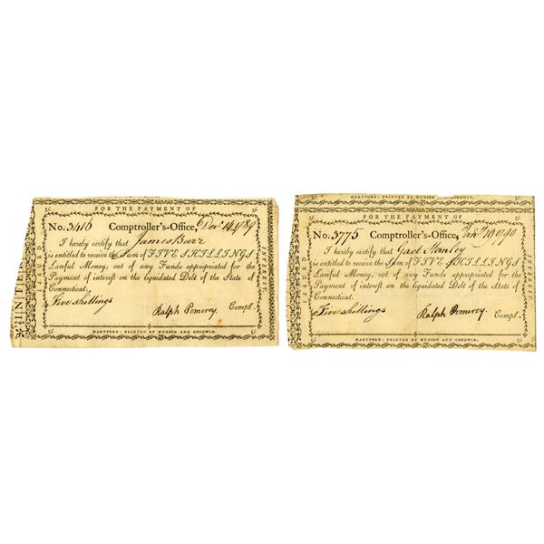 CT. Connecticut Comptroller's Office, 1789 and 1790, I/C Payment Certificate Pair.
