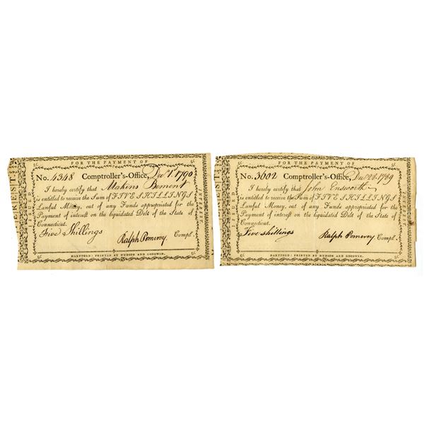 CT. Connecticut Comptroller's Office, 1789 and 1790, I/C Payment Certificate Pair.