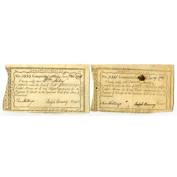 CT. Connecticut Comptroller's Office, 1789 and 1791, I/C Payment Certificate Pair.