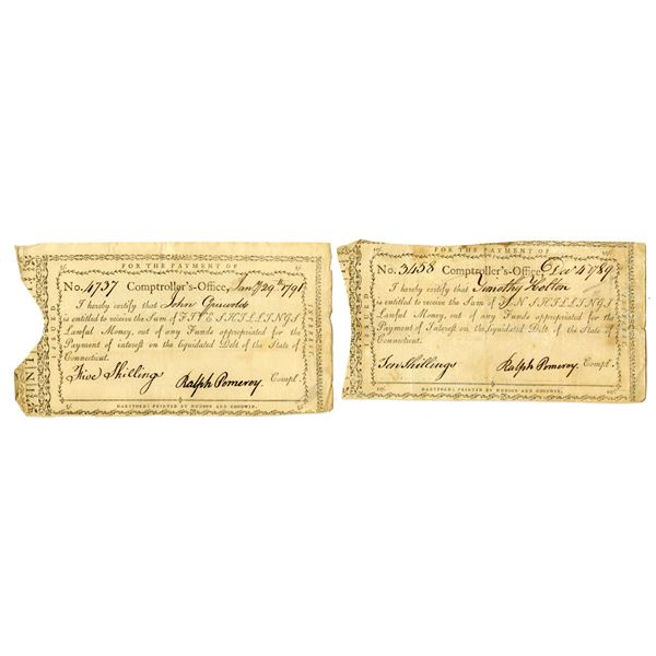CT. Connecticut Comptroller's Office, 1789 and 1791, I/C Payment Certificate Pair.