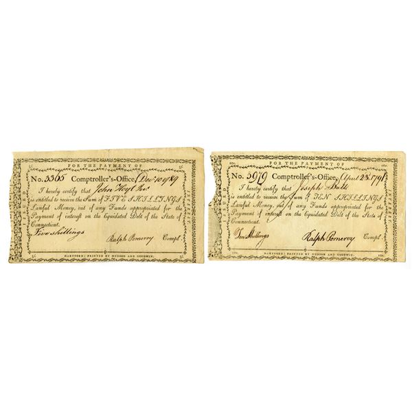 CT. Connecticut Comptroller's Office, 1789 and 1791, I/C Payment Certificate Pair.