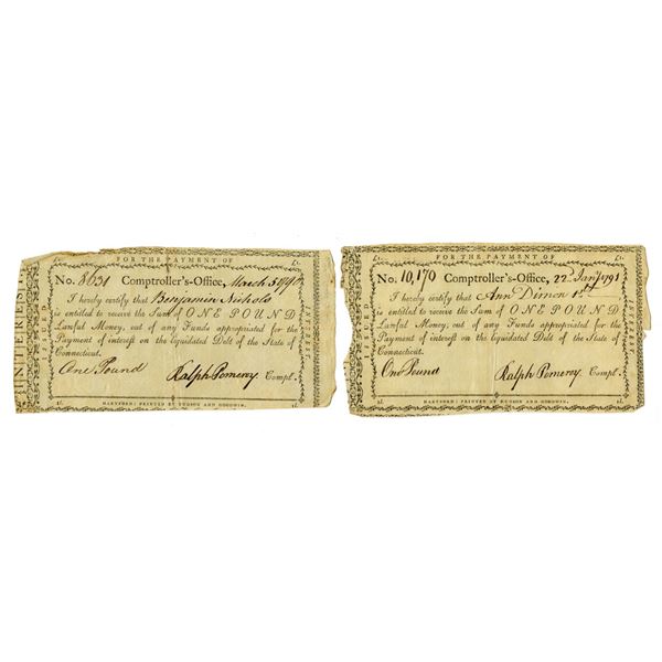 CT. Connecticut Comptroller's Office, 1790 and 1791, I/C Payment Certificate Pair.