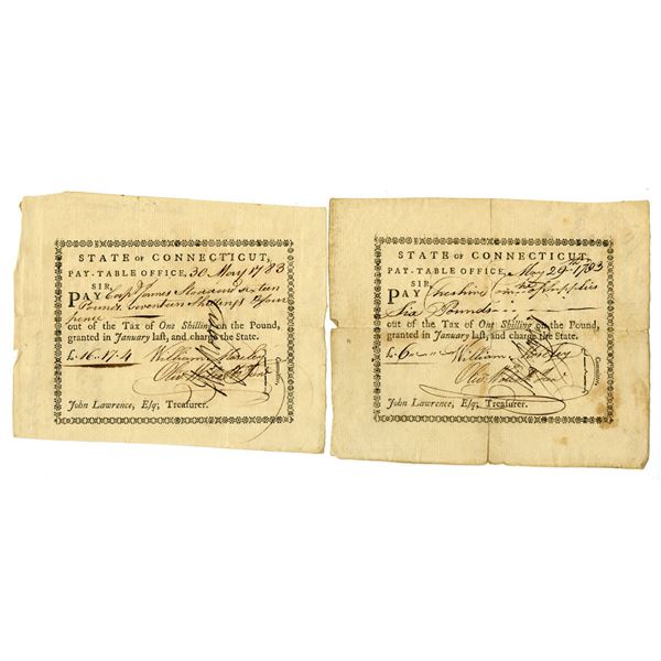 CT. Connecticut Pay-Table Office, 1783 Tax Warrant Pair.