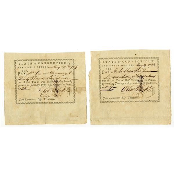 CT. Connecticut Pay-Table Office, 1784, Tax Warrant Pair.
