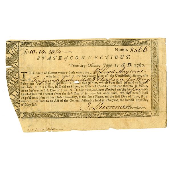 CT. State of Connecticut, 1780, Treasury Office "Continental Army" Payment Note Payable in Gold or S