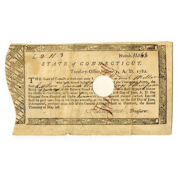 CT. State of Connecticut, 1782, Treasury Office "Continental Army" Payment Note.