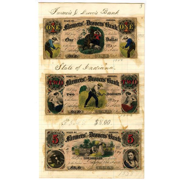 IN. Petersburgh, Indiana, Farmer's and Drovers' Bank, 1858, Issued & Colorized Obsolete Banknote Tri