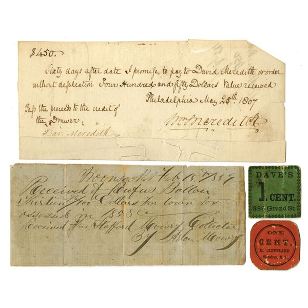 NY, PA, RI. U.S. Obsolete Civil War Cardboard Tokens or Chits, Early PA & RI Fiscal Documents, 1807 